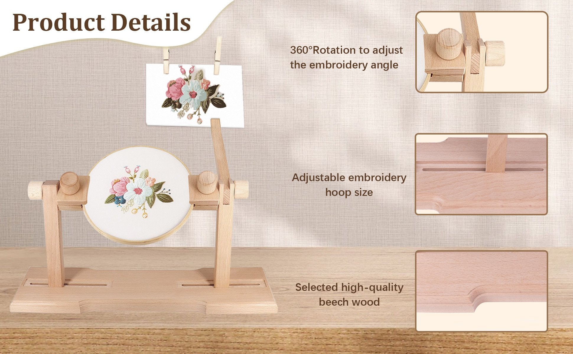 Wooden embroidery hoop stand with a floral design on the hoop, showing adjustable features and wood grain detail.