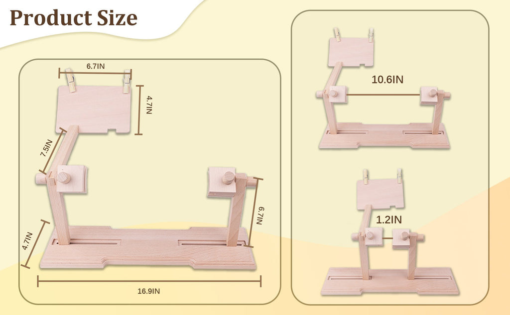Adjustable embroidery hoop stand kit with dimensions shown for different configurations.