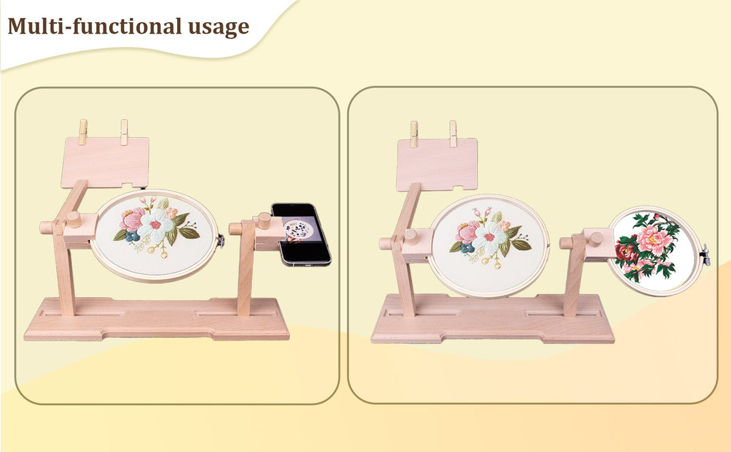 Adjustable embroidery hoop stand kit with two different floral embroidery hoops and a smartphone holder