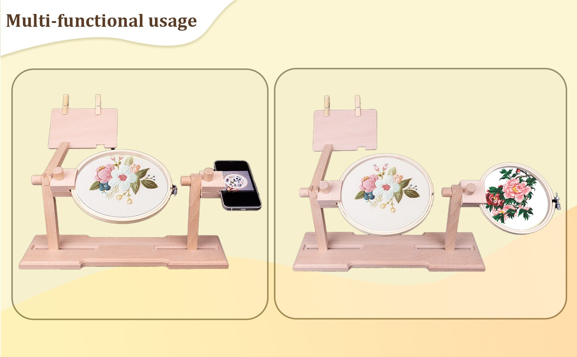 Adjustable embroidery hoop stand kit with two different floral embroidery hoops and a smartphone holder