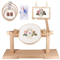 Adjustable embroidery hoop stand kit with four hoops, tool kit, and thimbles, featuring a floral design on the hoop.