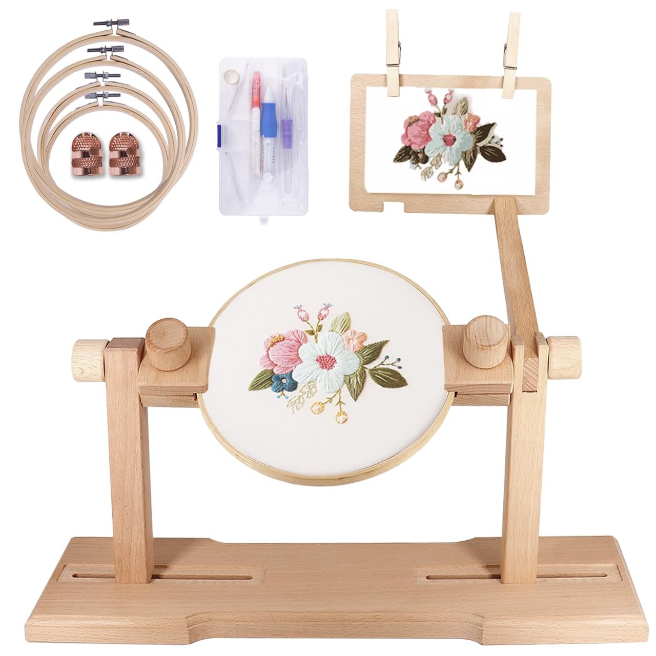 Adjustable embroidery hoop stand kit with four hoops, tool kit, and thimbles, featuring a floral design on the hoop.