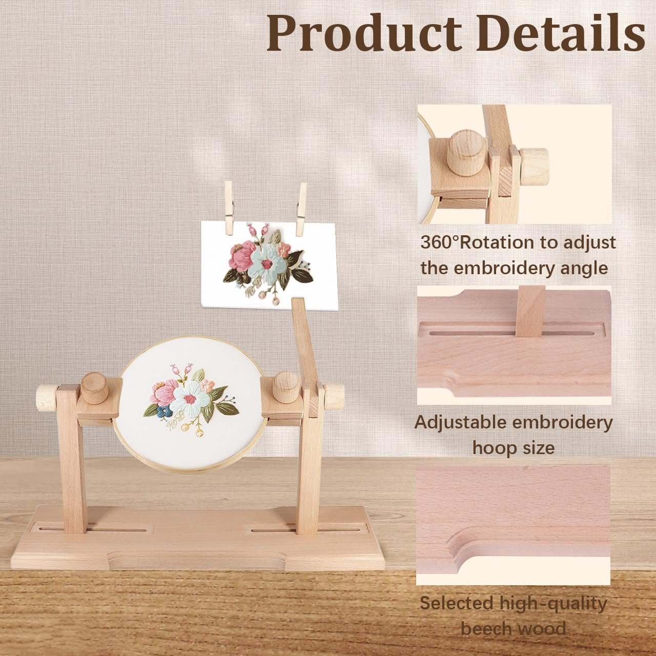 Wooden embroidery hoop stand with a floral design hoop, showing adjustable features and material.