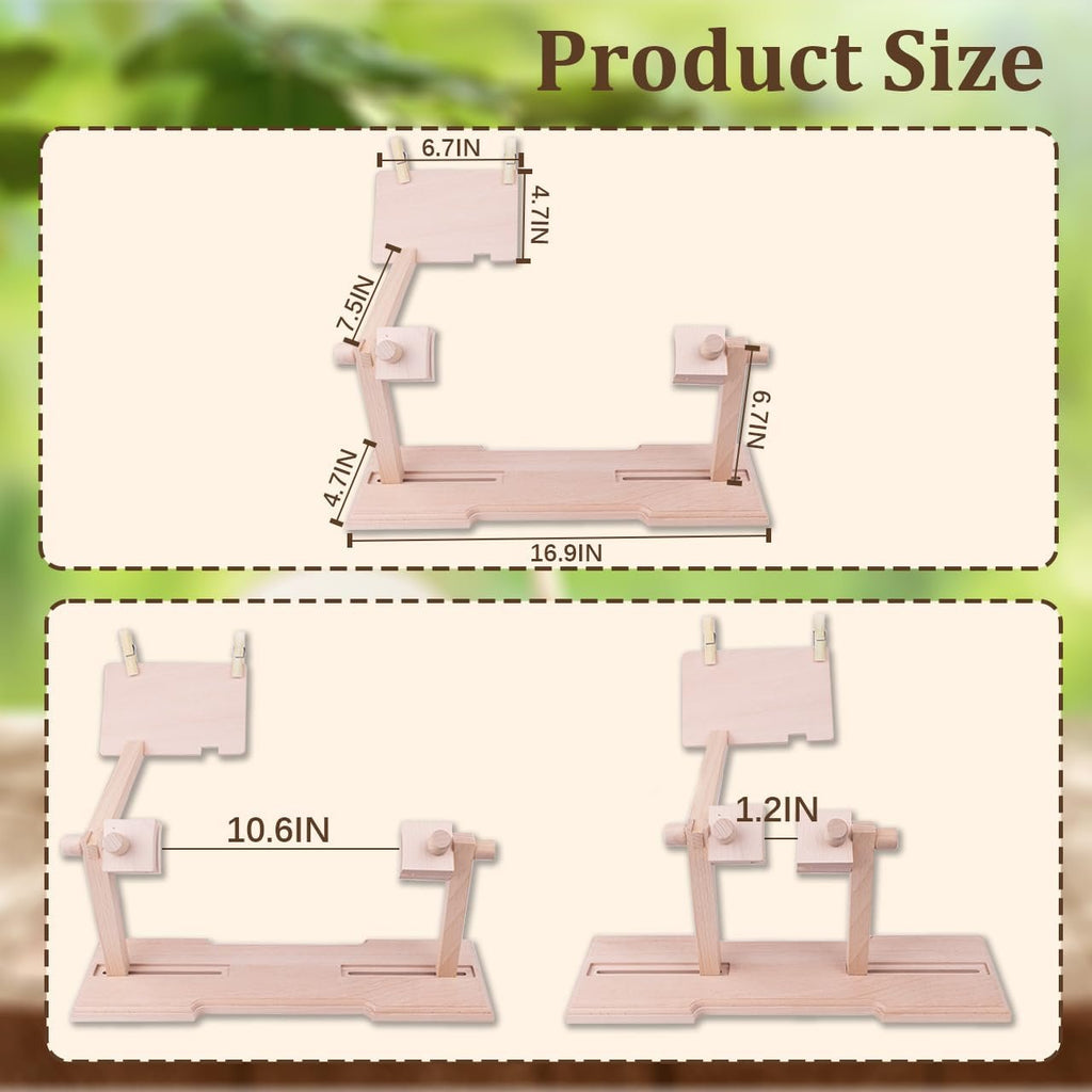 Adjustable embroidery hoop stand kit with dimensions shown in inches.