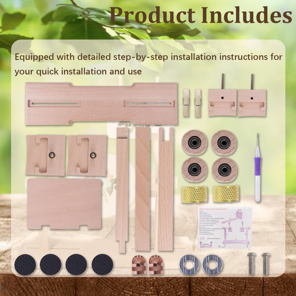 Adjustable embroidery hoop stand kit components laid out with instructions and tools.