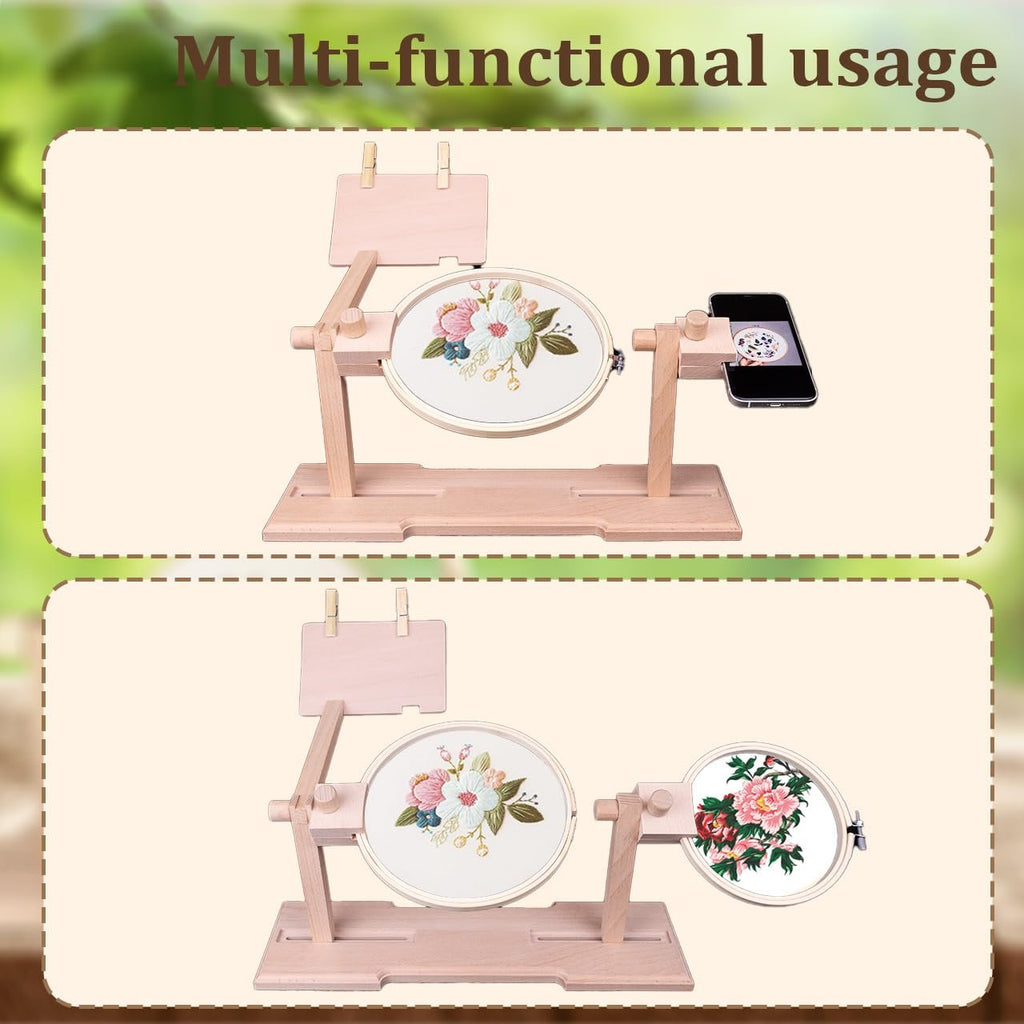 Adjustable wooden embroidery hoop stand kit shown with two different embroidery hoops and a smartphone displaying a pattern.