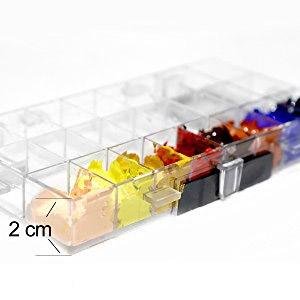 Airtight stay-wet paint palette box with 24 deep wells filled with colorful paints, shown from the side with a 2 cm depth indicator.