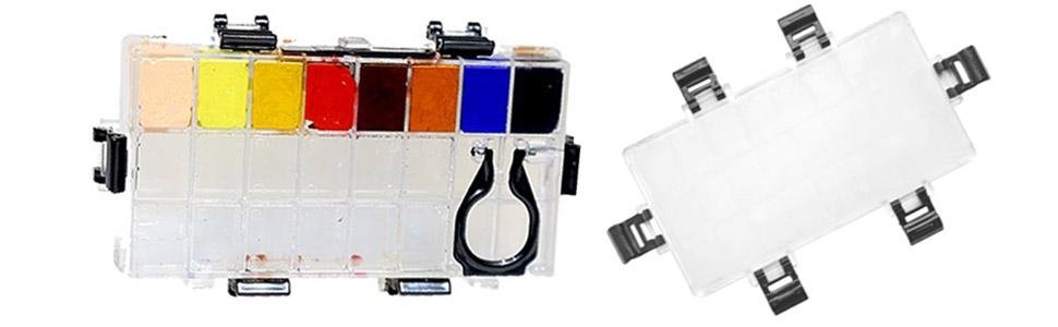 Airtight paint palette box with 24 deep wells filled with various colors of paint, shown open and closed.