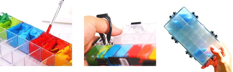 Paint palette box with 24 deep wells filled with colorful paints, shown from multiple angles.