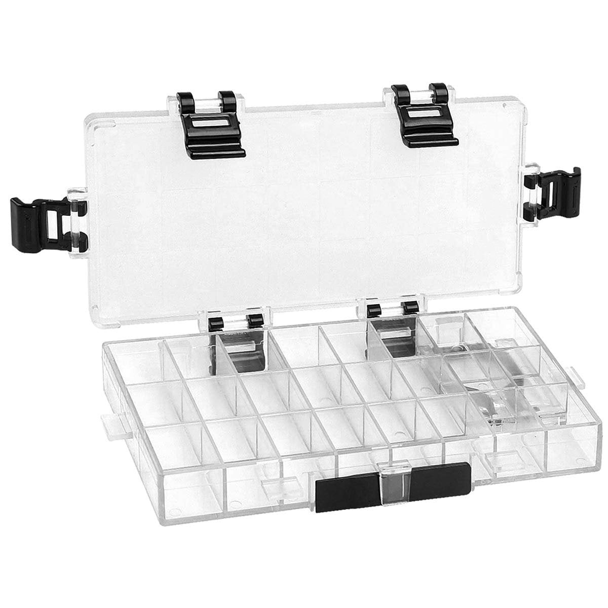 Open clear plastic paint storage box with 24 deep wells and black latches, angled view.