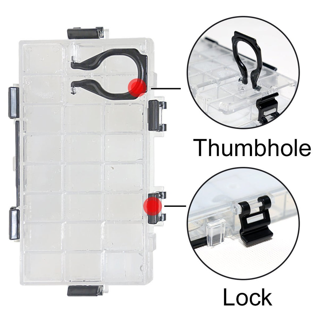 Clear paint palette box with 24 deep wells, shown open with close-up insets highlighting the thumbhole and lock mechanism.