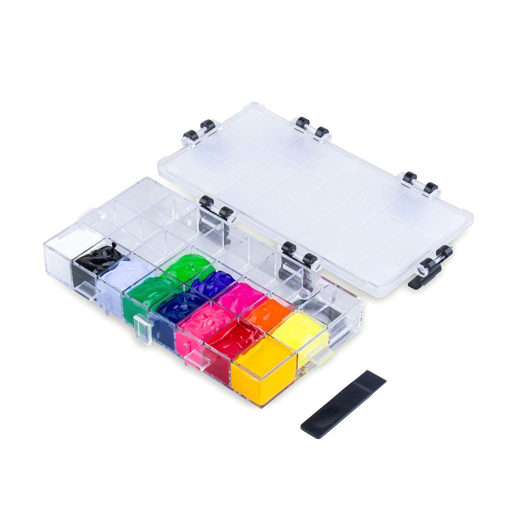Open paint palette box with 24 deep wells filled with colorful paints, lid detached, on white background.