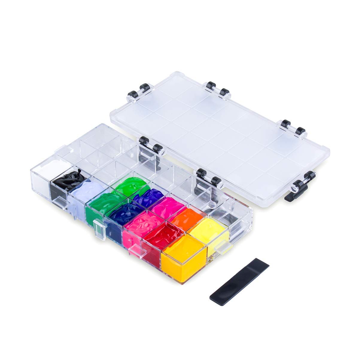 Open paint palette box with 24 deep wells filled with colorful paints, lid detached, on white background.