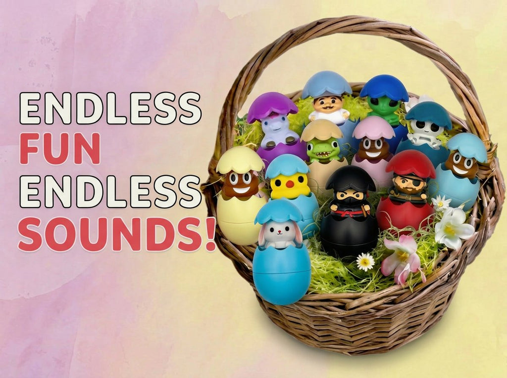 Basket of colorful pop-up toys inside Easter eggs, with text overlay.