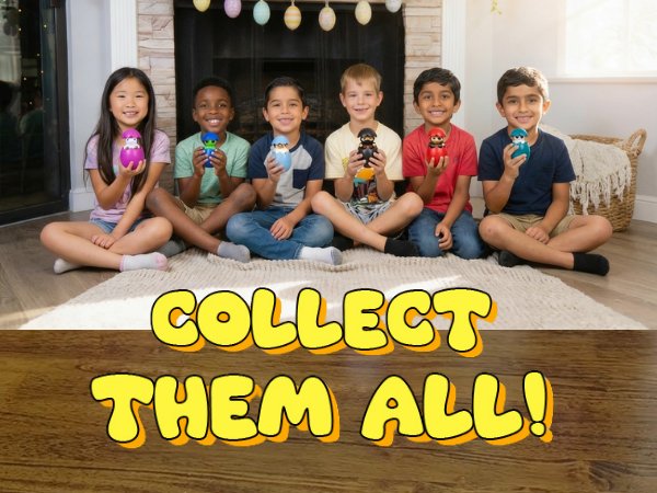 Six smiling children sitting on a rug, each holding a colorful alien talking Easter egg toy.