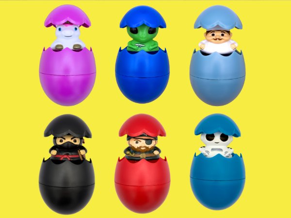 Six colorful Easter eggs with surprise toys inside: unicorn, alien, man, ninja, pirate, and robot.