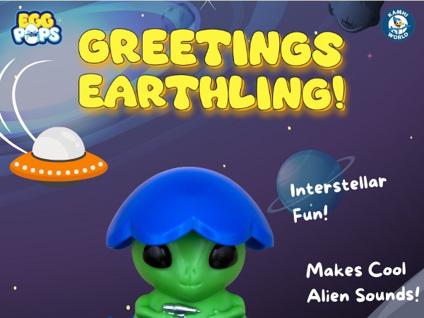 Green alien toy with blue hat, surrounded by space elements and text.