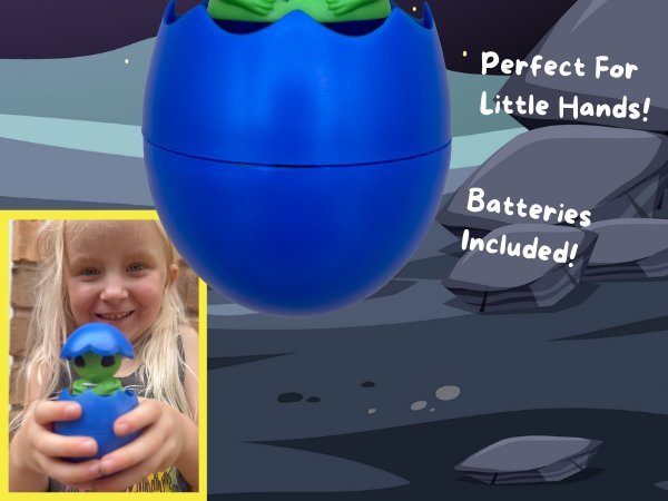 Child holding a blue alien talking Easter egg toy that pops open