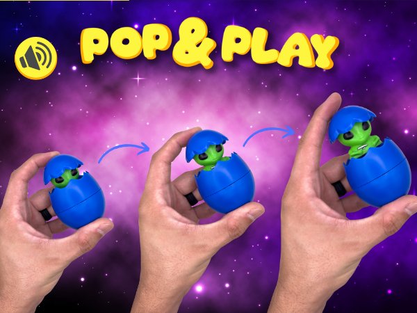 Alien toy popping out of a blue egg, shown in three stages of opening. The background is a purple galaxy with stars.
