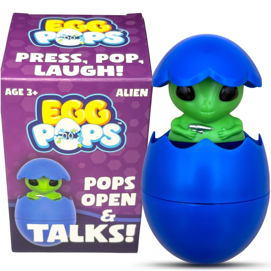 Alien pop-up toy in a blue egg with its packaging box, showing the toy and text details.