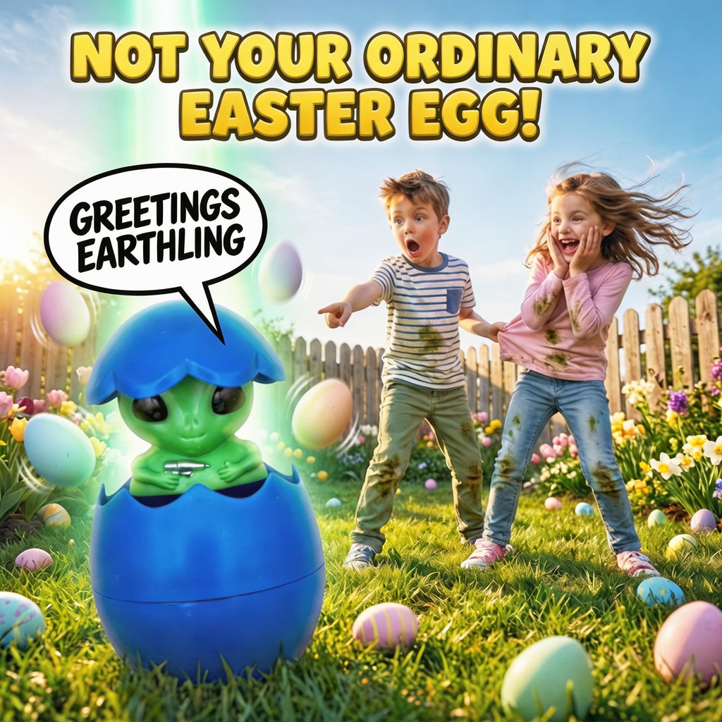Alien toy popping out of a blue Easter egg with children reacting in a grassy yard with Easter eggs
