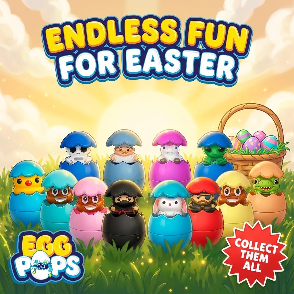 Collection of colorful Easter eggs with characters popping out, including a chick, ninja, bunny, and alien, with a basket of eggs in the background.