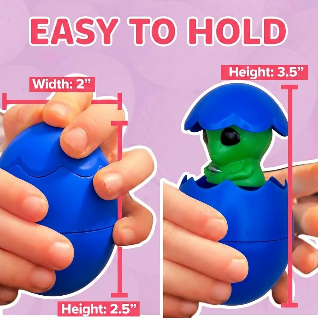 Hands holding a blue alien Easter egg toy, showing closed and open states with dimensions.
