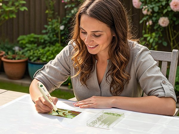 Woman smiling while doing diamond painting outdoors with a tool kit