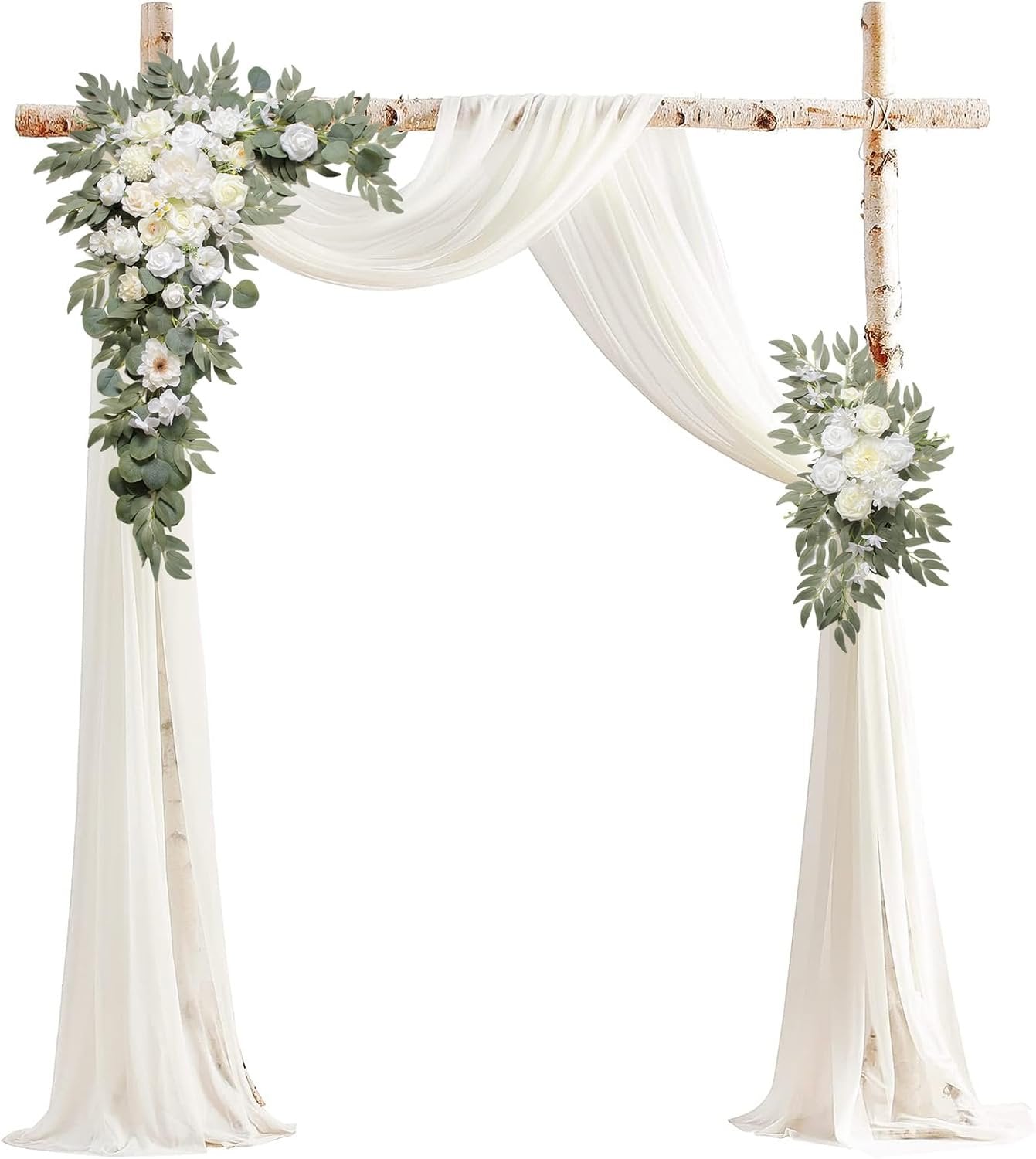 Wedding arch flowers and drapes kit with two corner floral arrangements and flowing white fabric against a white background.