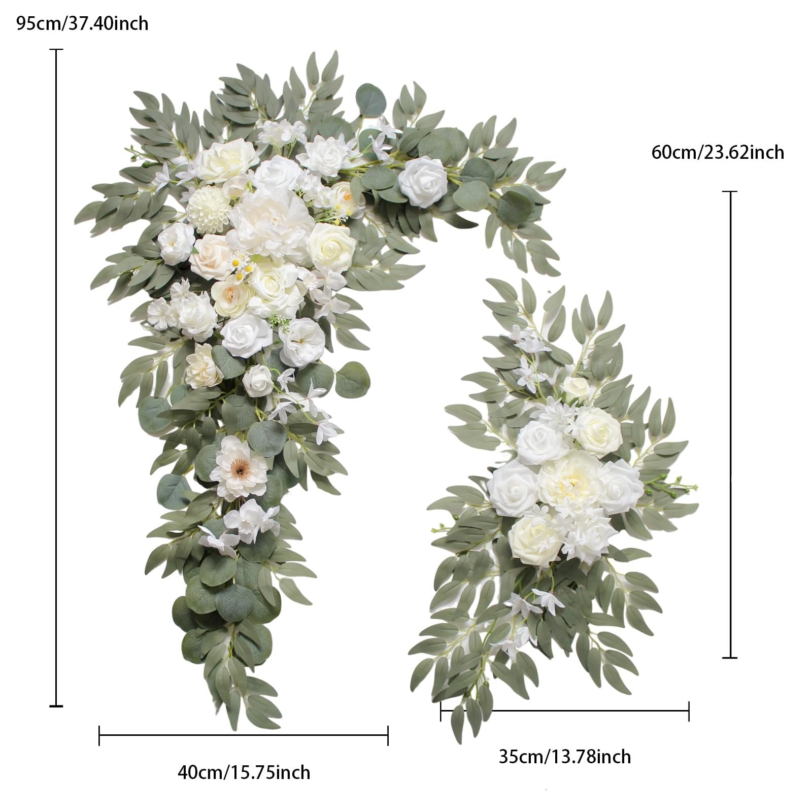 Two floral arch arrangements with white roses and eucalyptus leaves, showing dimensions.