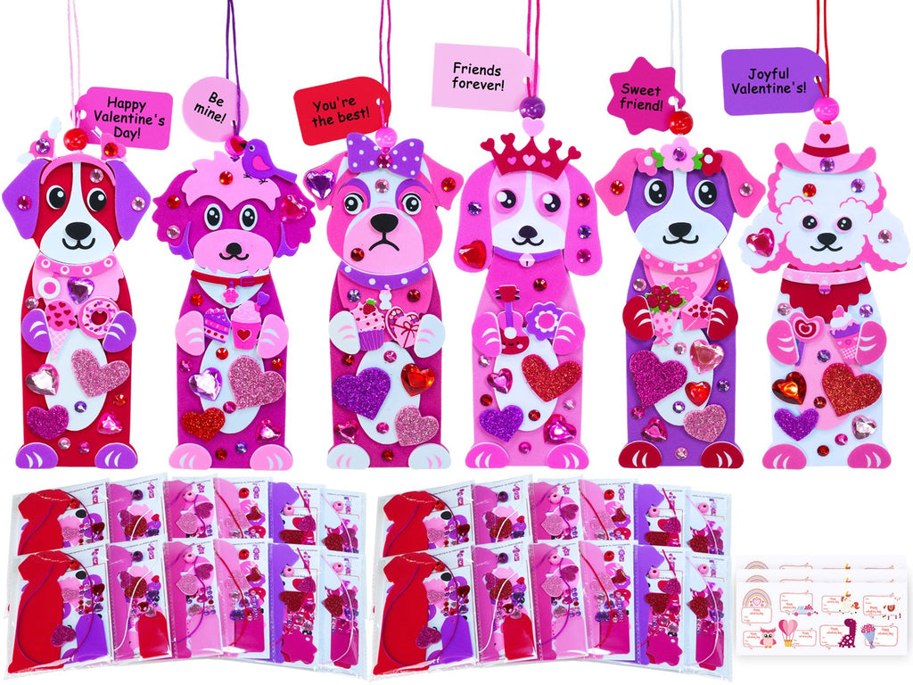 Six Valentine's Day dog craft kits with various decorations and hanging strings, plus packaged kits below.
