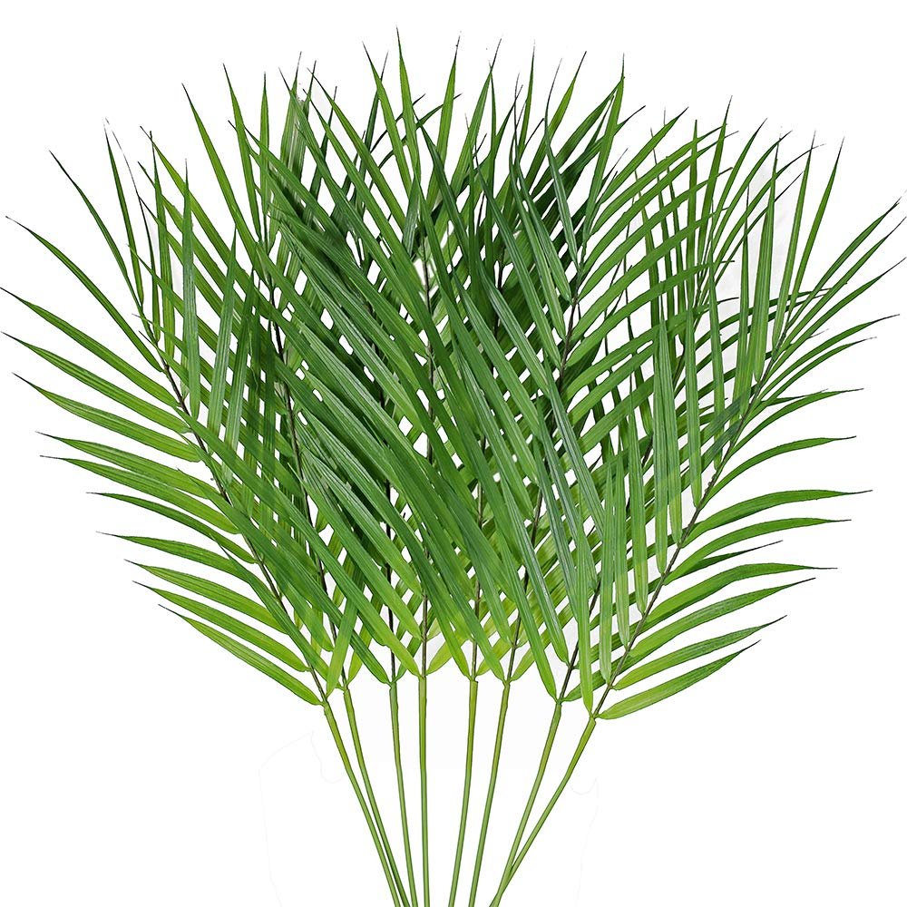 Artificial areca palm leaves fanned out against a white background, showing multiple green fronds and stems.