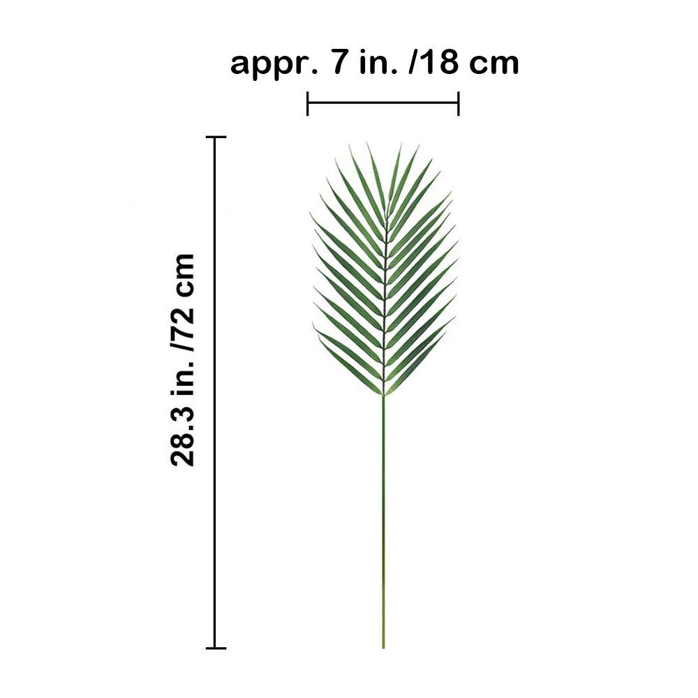 Artificial areca palm leaf stem showing dimensions 28.3 inches tall and 7 inches wide