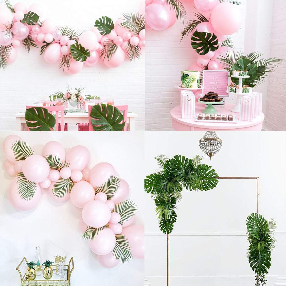Collage of four party decor scenes featuring pink balloons and artificial tropical leaves.