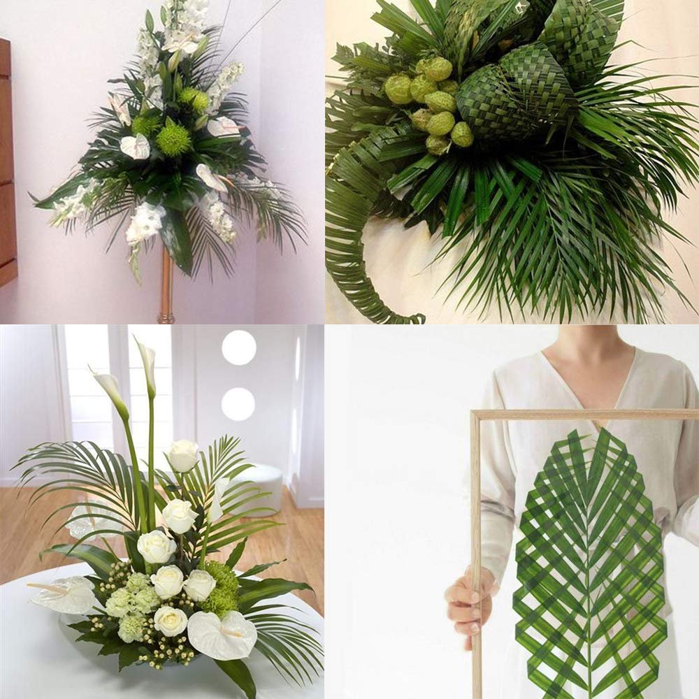 Collage of four floral arrangements featuring artificial palm leaves and white flowers.