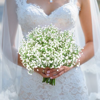 Bride holding a bouquet of white artificial baby's breath flowers, wearing a lace wedding dress and veil.
