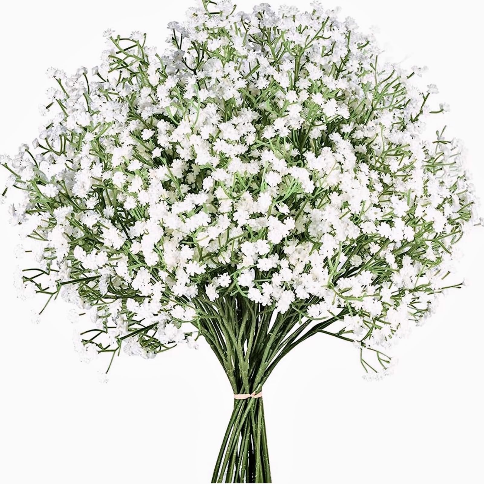 Bundle of artificial white baby's breath flowers with green stems tied with a pink band, isolated on white.