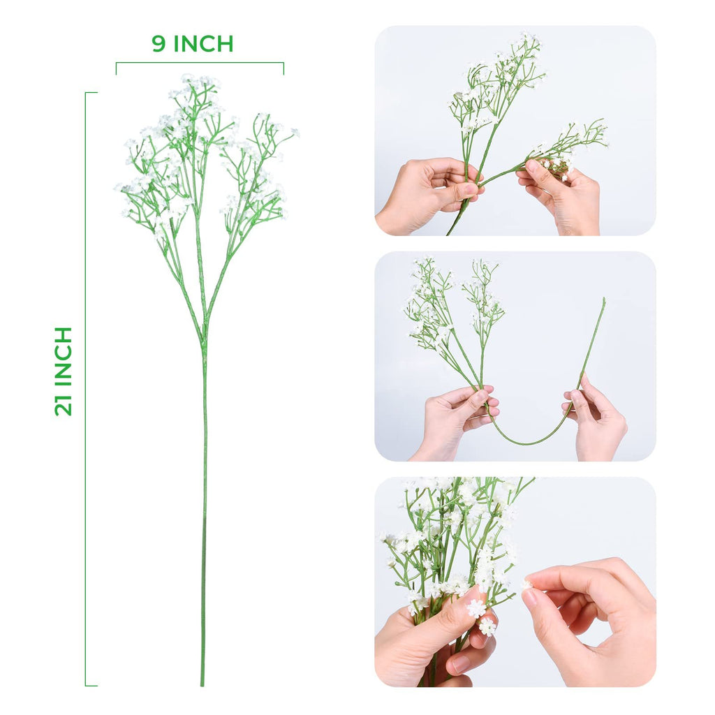 Artificial baby's breath flower stem showing dimensions and how to bend and arrange