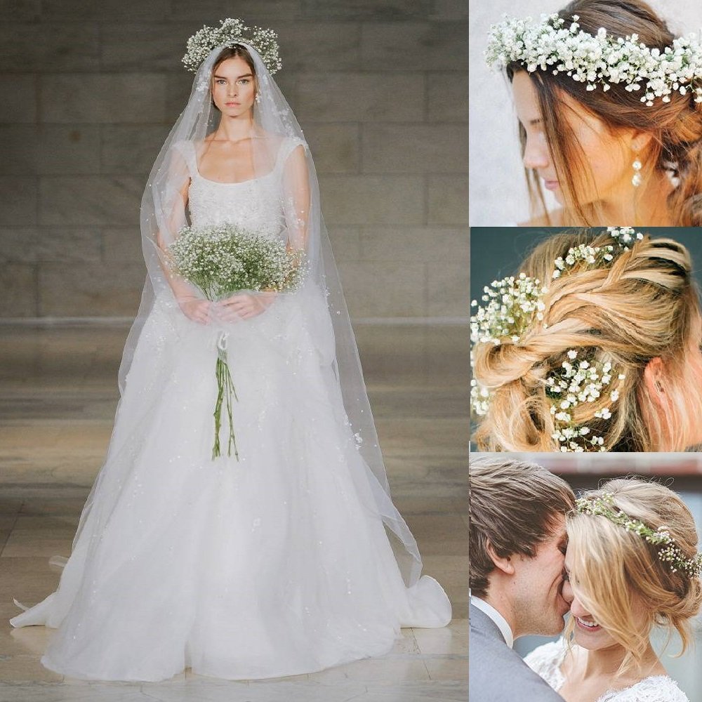 Bride in wedding dress holding baby's breath bouquet and wearing floral crown, with inset images of floral hair accessories and a couple.