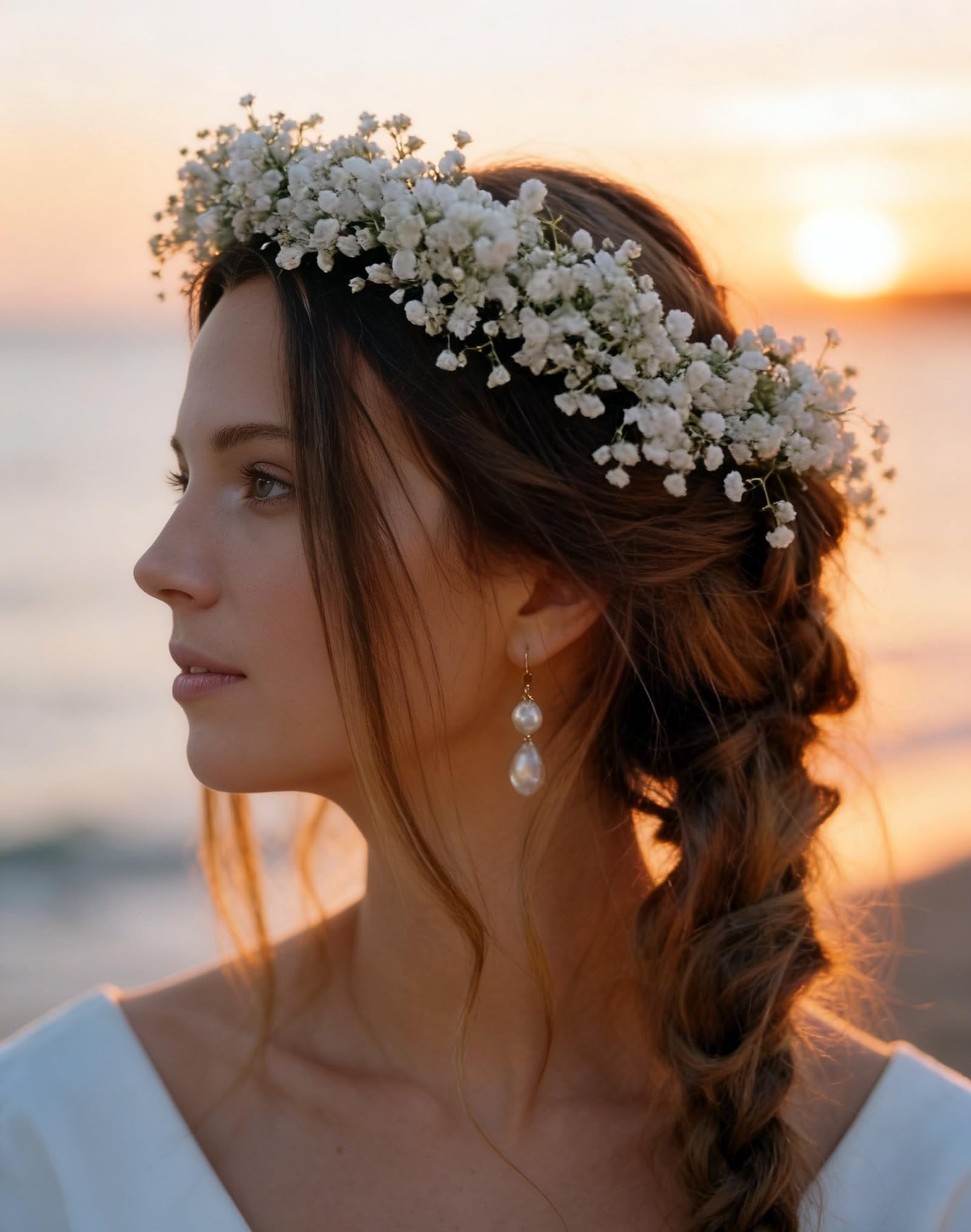 Woman wearing a white flower crown and pearl earrings at sunset by the ocean