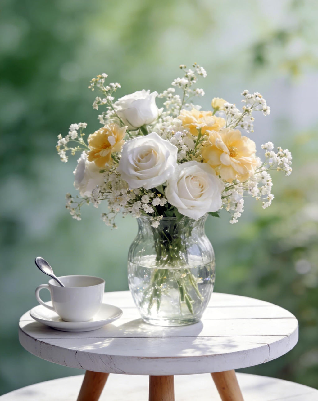 Artificial baby's breath and rose flowers in a glass vase with a teacup and saucer on a white table