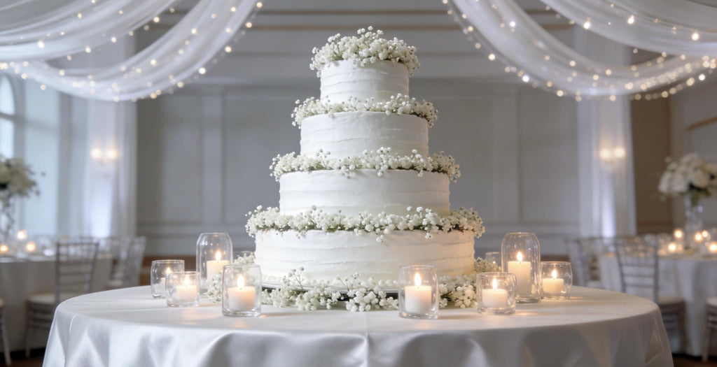 Four-tier white wedding cake decorated with baby's breath flowers and surrounded by lit candles on a table.