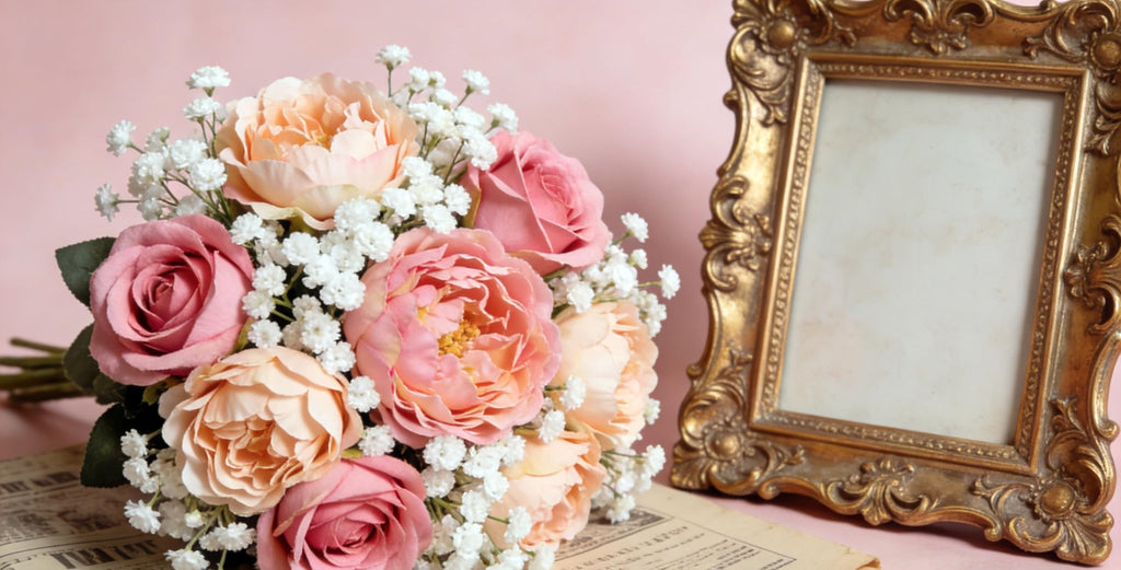 Artificial baby's breath and rose bouquet next to an ornate gold picture frame on a pink background.