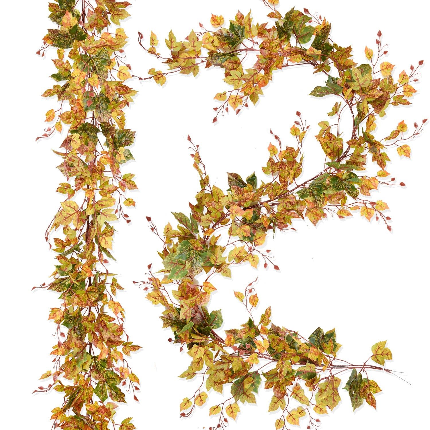 Two artificial autumn maple leaf garlands with green, yellow, and orange leaves on white background
