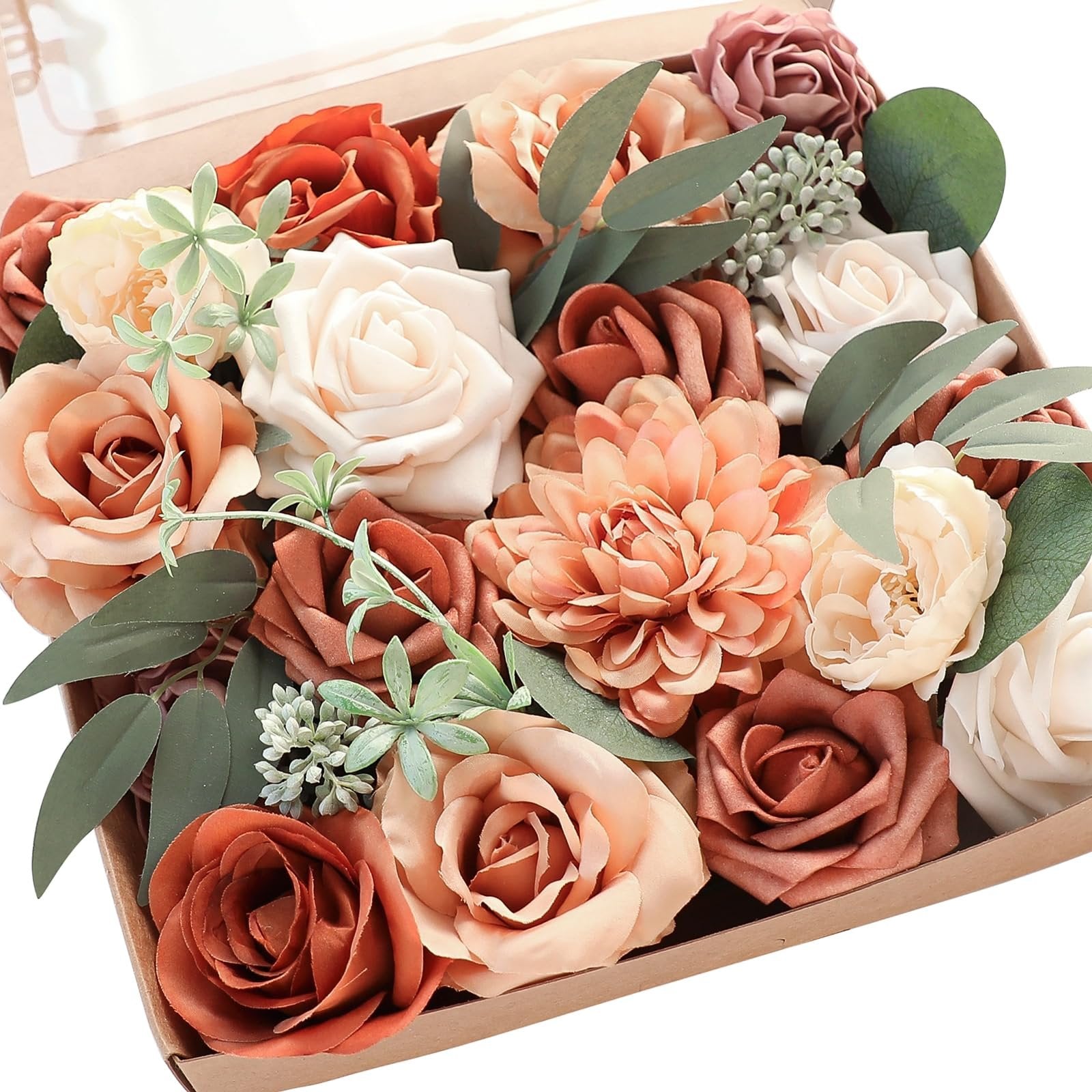 Box of assorted artificial flowers in terracotta, champagne, amber, cream, and burnt orange colors with green leaves.