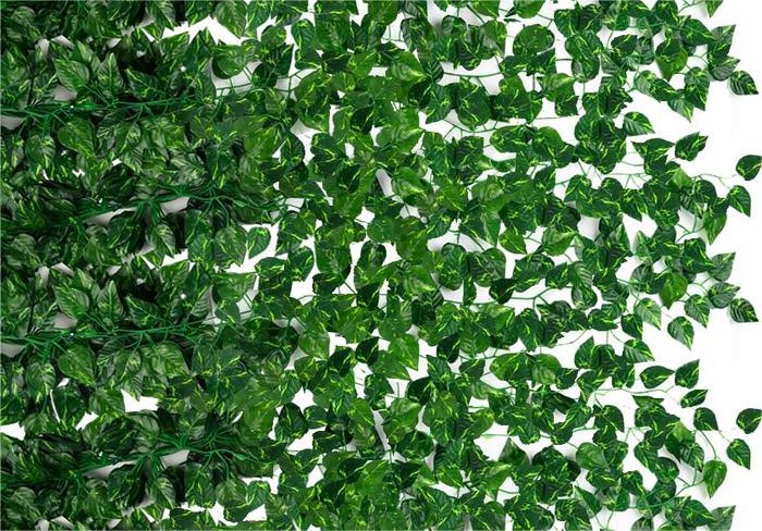 Artificial ivy vines with green silk leaves and plastic stems, displayed against a white background.