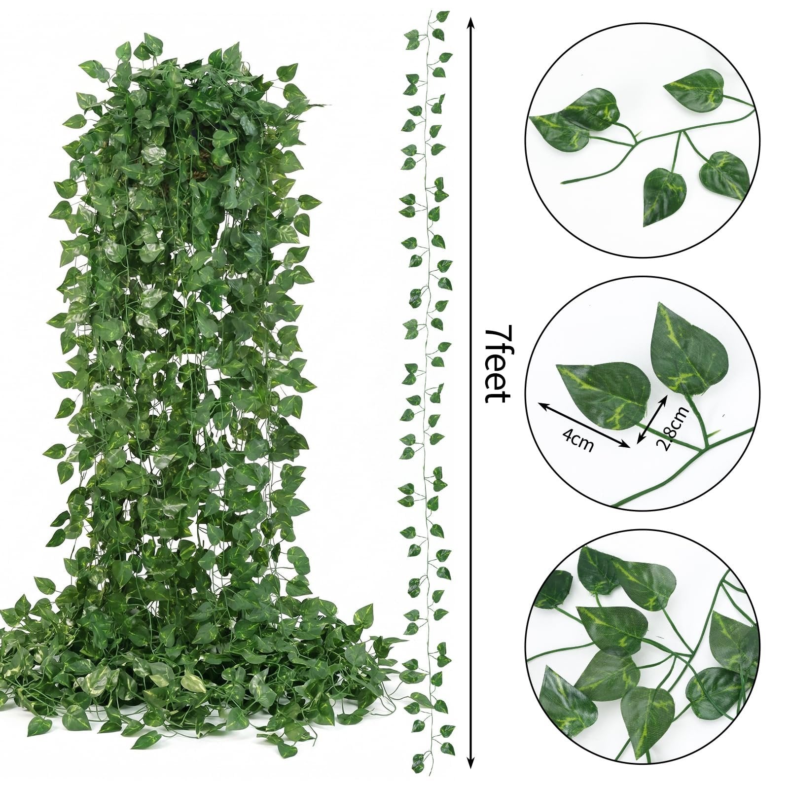Artificial ivy vine garland cascading down, with close-ups showing leaf detail and dimensions.