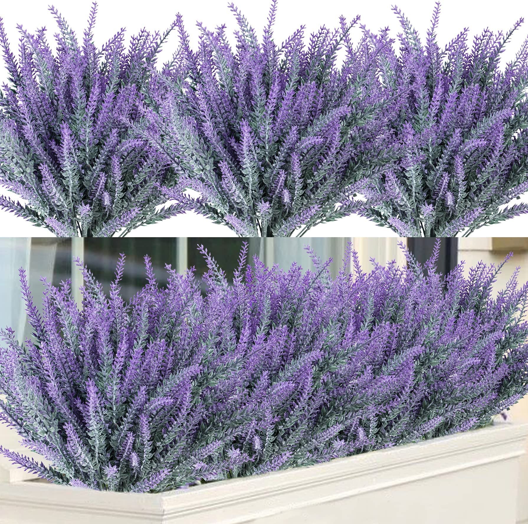 Artificial lavender bundles in gray-purple, shown in a white planter and against a white background.