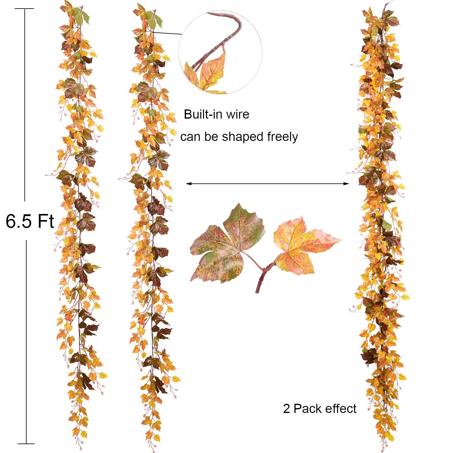 Two artificial maple leaf vine garlands in autumn colors, showing 6.5 ft length and detail of leaves and built-in wire.