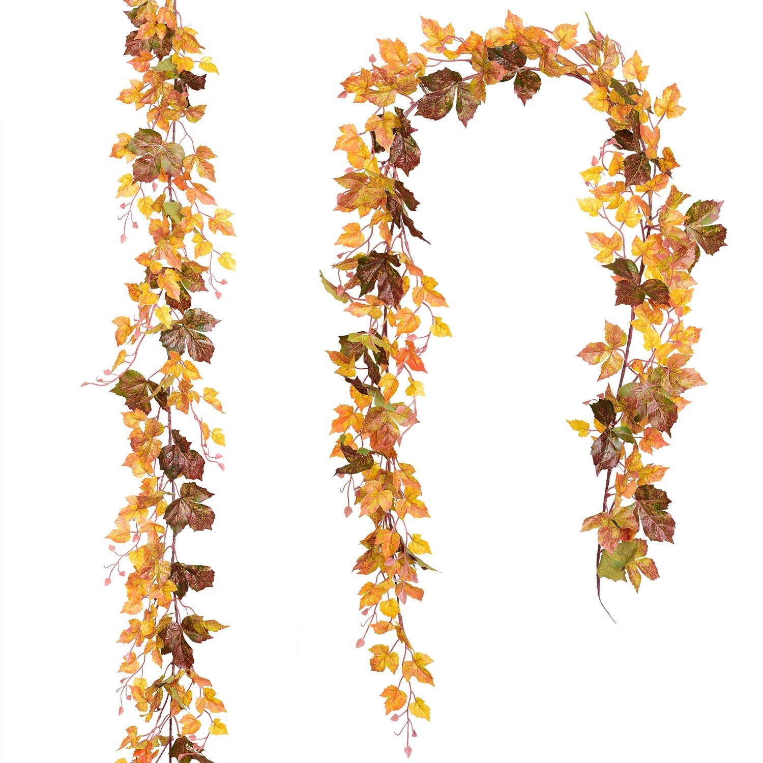 Two artificial maple leaf vine garlands with autumn foliage in orange, yellow, red, and green, displayed on a white background.